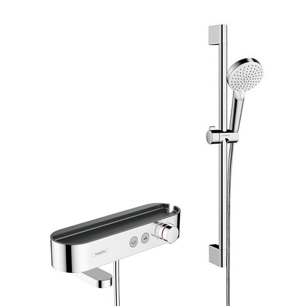 HANSGROHE - Hansgrohe Pack Mitigeur thermostatique bain/douche 400 avec tablette, bec déverseur rotatif + Set de douche 2 jets, Chrome - large