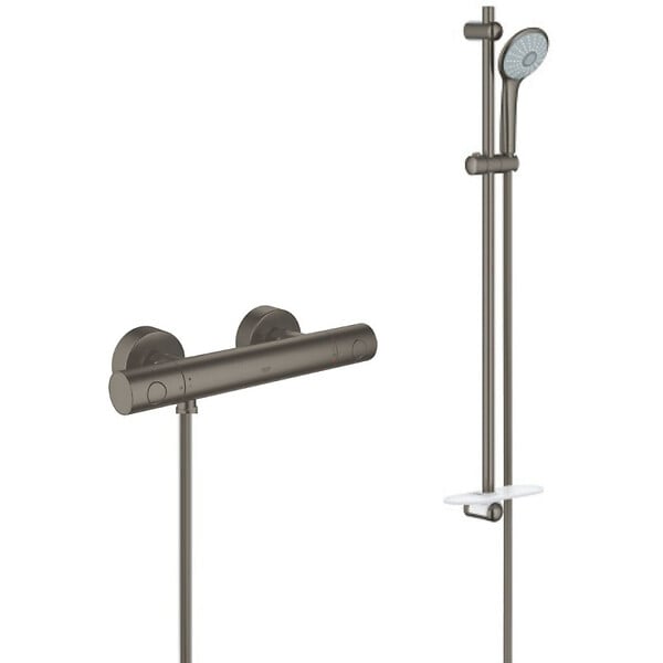 GROHE - Ensemble de douche complet 3 jets +Mitigeur thermostatique douche, Brossé (34065AL2-SET) - large