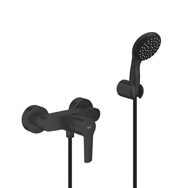 GROHE - Grohe Set de douche mitigeur monocommande + Douchette 2 jets + support mural + Flexible 1750 mm, noir mat - large
