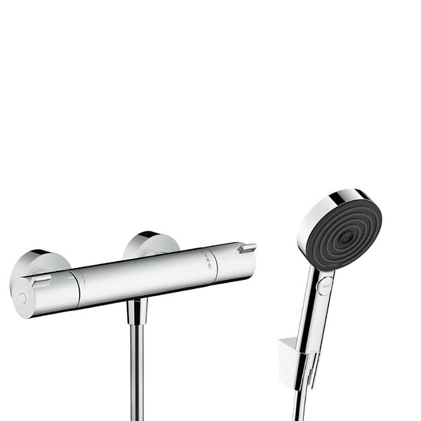 HANSGROHE - Hansgrohe Ecostat Set Mitigeur thermostatique douche + Douchette à main XXL 105mm 3 jets + Flexible de douche 125cm, support mural, Chrome - large