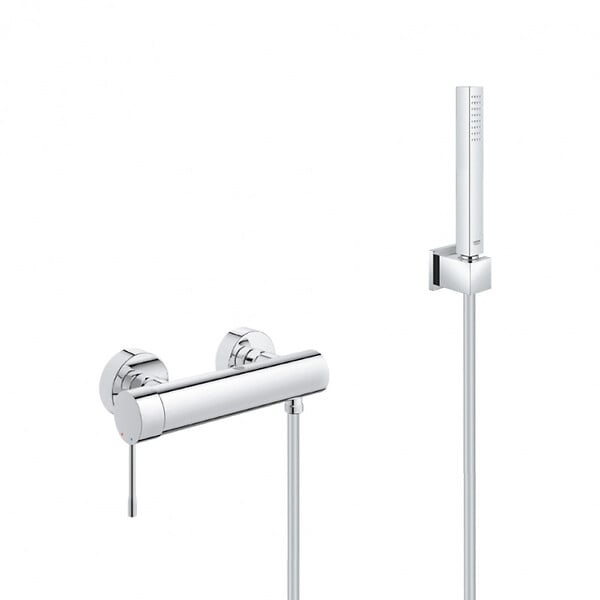 GROHE - Grohe Set de douche Mitigeur de douche Essence + Douchette Stick 1 jet, support mural, flexible, Chrome (33636001-CUBESTICK) - large