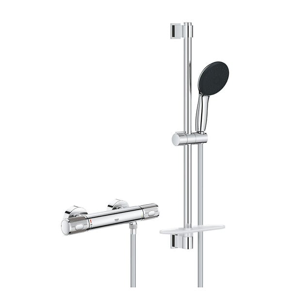 GROHE - Precision Feel Set de douche avec mitigeur thermostatique + Douchette 3 jets + Barre 60 cm, chrome (G34791001) - large