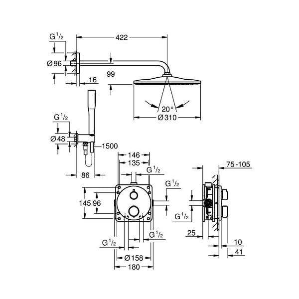 GROHE - Grohe Precision Set de douche encastrée avec mitigeur thermostatique + Douche de tête + Douchette, chrome (G34880000) - large