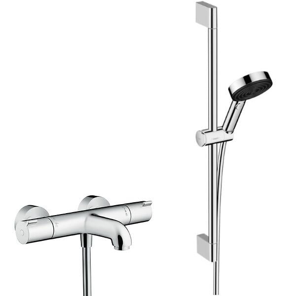 HANSGROHE - Hansgrohe Ecostat Set Mitigeur Thermostatique bain/douche + Douchette à main XXL 105mm 3 jets, flexible douche 160cm, barre 65cm - large
