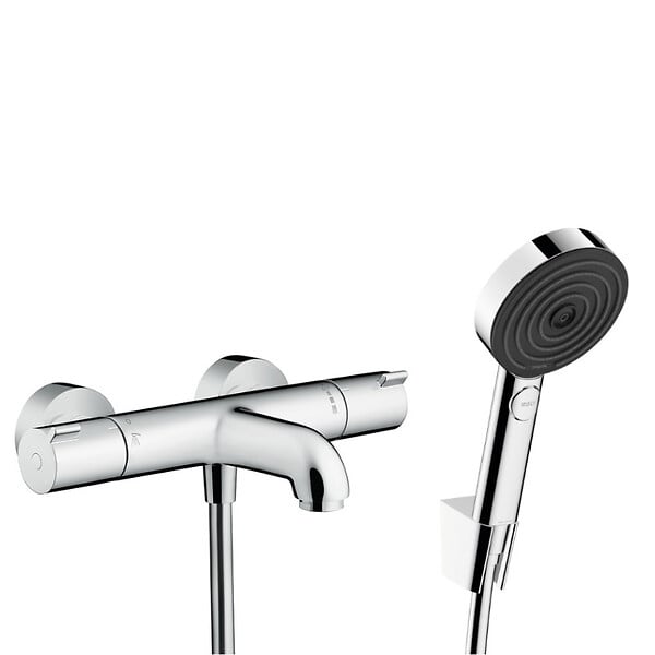 HANSGROHE - Hansgrohe Ecostat Set Mitigeur Thermostatique bain/douche + Douchette à main 105mm 3 jets + Flexible douche 160cm + Support mural, Chrome - large