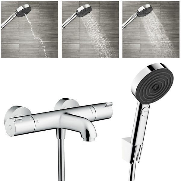 HANSGROHE - Hansgrohe Ecostat Set Mitigeur Thermostatique bain/douche + Douchette à main 105mm 3 jets + Flexible douche 160cm + Support mural, Chrome - large