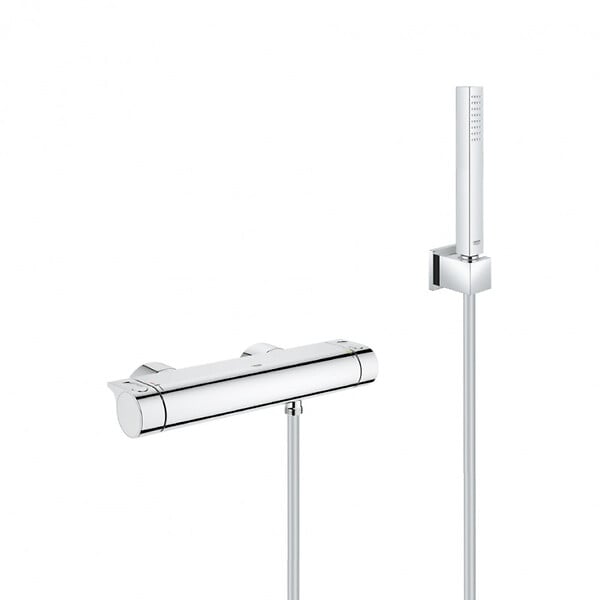 GROHE - Grohe Set de douche Mitigeur thermostatique Grohtherm + Douchette Stick 1 jet, support mural, flexible, Chrome (34169001-CUBESTICK) - large