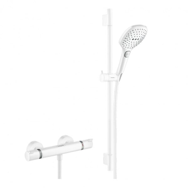 HANSGROHE - Hansgrohe Set de douche Mitigeur Comfort + Barre de douche Unica 65cm + Douchette 3 jets Raindance 120 Select E, Blanc mat - large