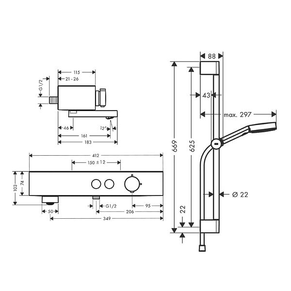 HANSGROHE - Hansgrohe ShowerTablet Select Set Mitigeur Thermostatique douche/bain + Douchette 105mm 3 jets + Flexible douche 160cm + Barre 65cm - large