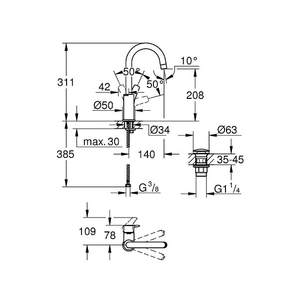 GROHE - EUROSMART Mitigeur monocommande de lavabo Taille L, avec vidage, Chrome (23970003) - large