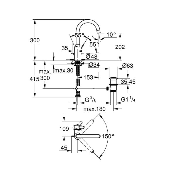 GROHE - Mitigeur de lavabo avec bonde H 30 cm bec courbé - Eurosmart cosmopolitan - 32830001 - Taille L - large