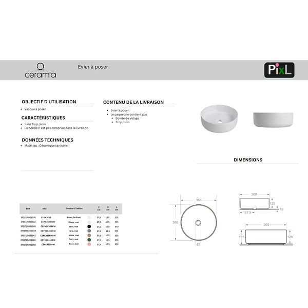 CERAMIA - Ceramia Vasque à poser ronde 36 cm hauteur 12,5 cm sans trop-plein gris mat PixL (CEPX3636GM) - large