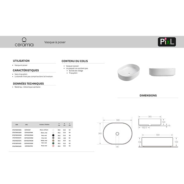 CERAMIA - Ceramia PixL 50 x 37 x 13,5 cm vasque à poser Infinitio, sans trop-plein, gris (CEPX5037GRM) - large