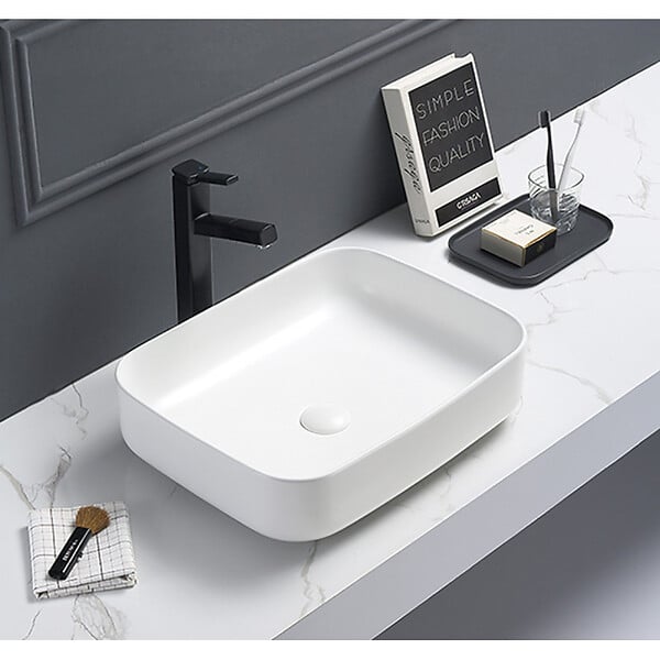 SWISS AQUA TECHNOLOGIES - Swiss Aqua Technologies Set vasque à poser rectangulaire 50x39x13cm sans trop-plein + bonde à écoulement libre Infinitio blanc - large