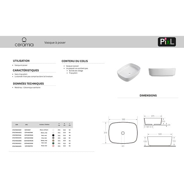 CERAMIA - Ceramia PixL 50 x 37,5 x 13,5 cm vasque à poser Infinitio, sans trop-plein, moka (CEPX4937MOM) - large