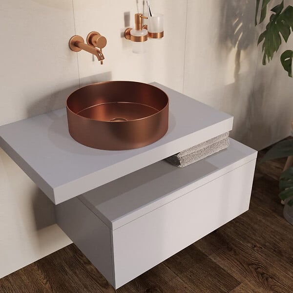 SWISS AQUA TECHNOLOGIES - Swiss Aqua Technologies Vasque à poser 38 x 38 x 11 cm Aurum cuivre brossé en acier inoxydable avec bonde sans trop-plein (SATAUR3838BRG) - large