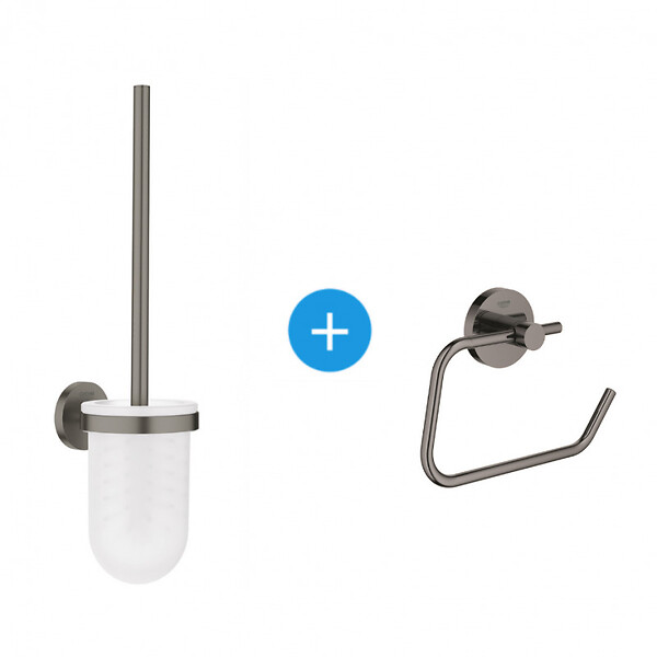 GROHE - Grohe Essentials Set d'accessoires WC avec Porte balai WC + Dérouleur de papier mural, Hard Graphite brossé (40374AL1-Essentials) - large