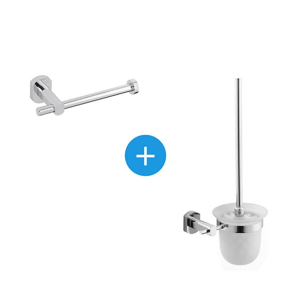 OPTIMA - Optima Cube Way Set Brosse de toilette murale + Porte-papier toilette mural, Chrome (CubeWay-SET) - large