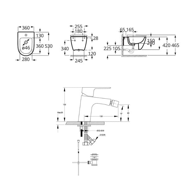 ROCA - Set The Gap by Siko Bidet suspendu 42x36 cm céramique, vidage arrière, blanc + Mitigeur bidet avec bec chromé et tirette - large