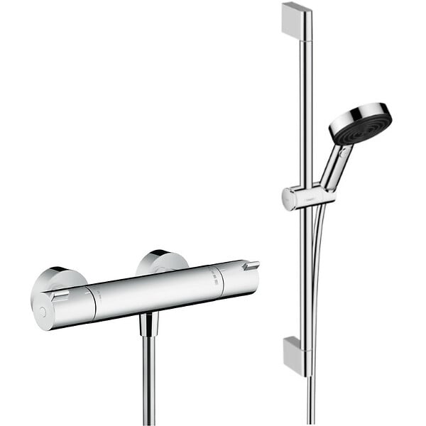 HANSGROHE - Hansgrohe Ecostat Set Mitigeur thermostatique douche + Douchette à main XXL 105mm 3 jets, flexible douche 160cm, barre 65cm - large