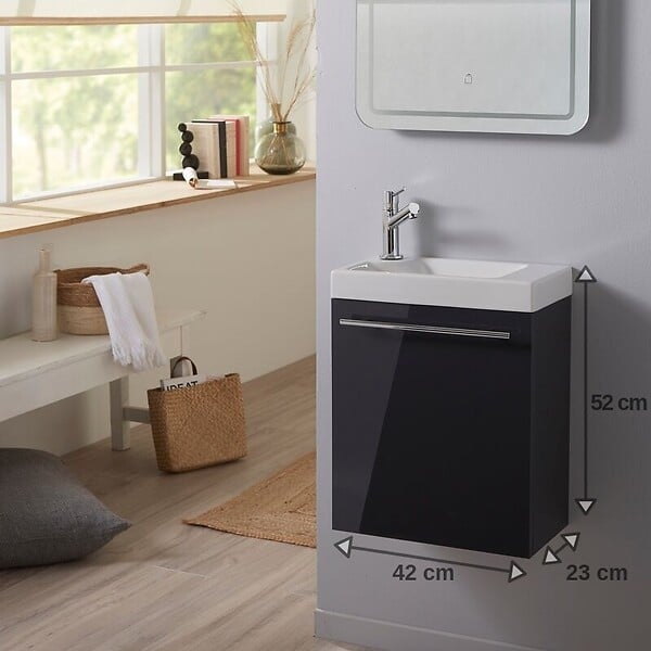 GODART - Meuble lave-mains complet couleur gris anthracite laqué avec mitigeur eau chaude / eau froide - large