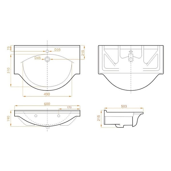 NATUREL - Naturel Pro 61x51 cm lavabo suspendu en céramique avec un trou pour mitigeur au milieu, sans siphon ni mitigeur, blanc (HA5660) - large