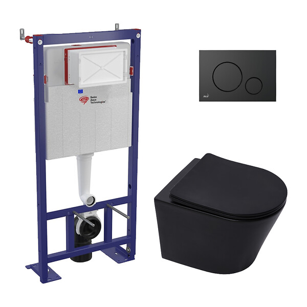 SWISS AQUA TECHNOLOGIES - Swiss Aqua Technologies Pack WC bâti-autoportant + WC Infinitio noir mat sans bride + Abattant softclose + Plaque noire mat (SMART-BlackInfinitio-2) - large