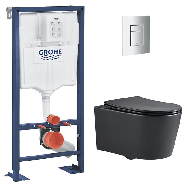 GROHE - Pack WC Bâti Solido + WC sans bride SAT Noir mat + Plaque chrome (AUTOPORTANT-BLACKSAT-1) - large