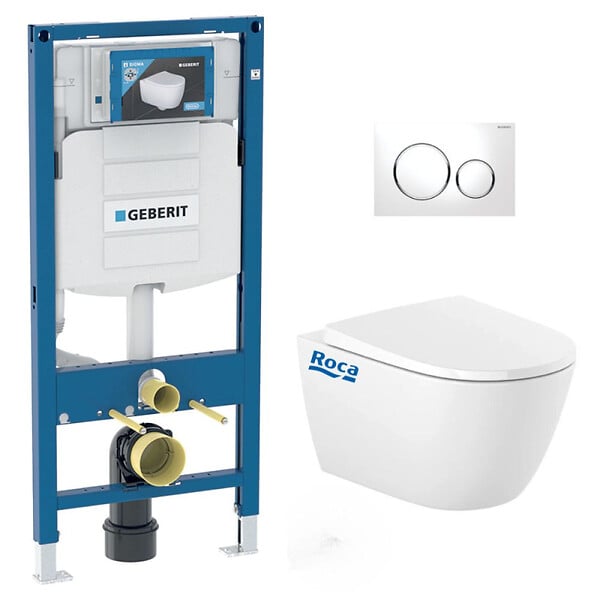 GEBERIT - Pack WC Bati Geberit Duofix UP320 + cuvette Roca sans bride + abattant Soft Close + Plaque de commande Blanche (GebOna-C) - large