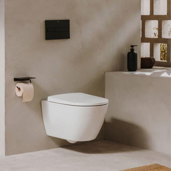 GEBERIT - Pack WC Bati Geberit Duofix UP320 + cuvette Roca sans bride + abattant Soft Close + Plaque de commande Blanche (GebOna-C) - large