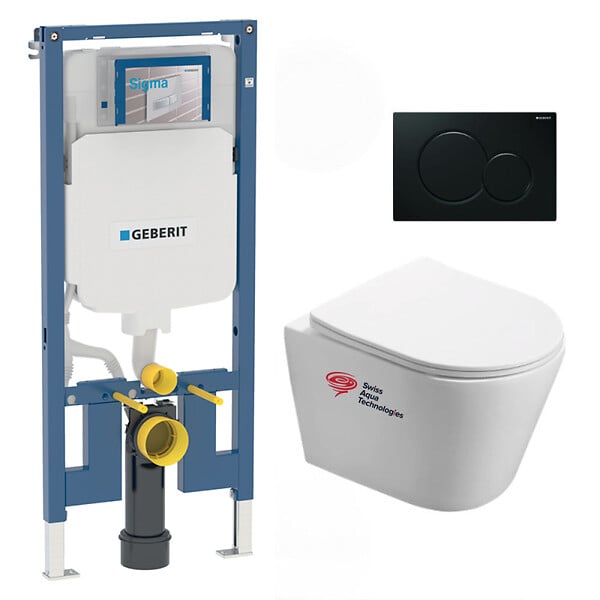 GEBERIT - Pack WC Bati Geberit extra-plat + Cuvette Swiss Aqua Technologies sans bride fixations invisibles + plaque (SLIM-Infinitio-A) - large