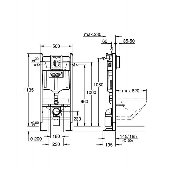 GROHE - Pack WC Bâti autoportant avec Cuvette Porcher rimless + Abattant + Plaque chrome (ProjectPorcher-1) - large