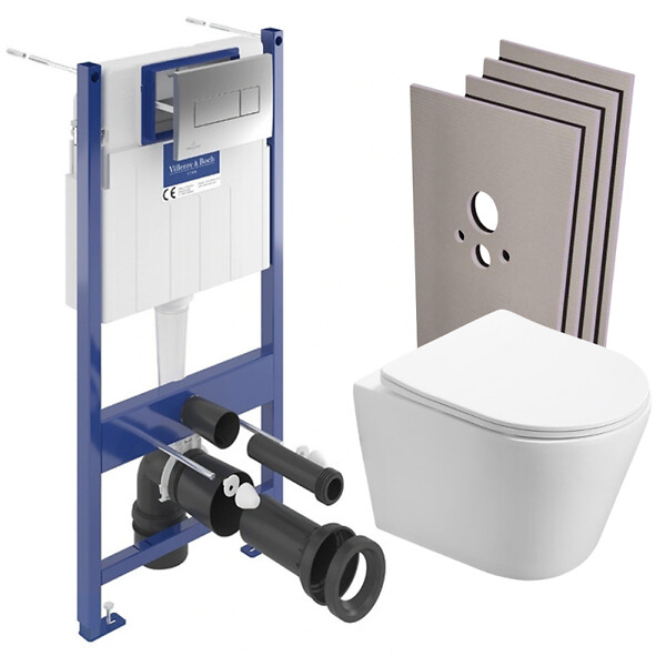 VILLEROY & BOCH - ViConnect Pro S Pack WC Bâti Villeroy & Boch + WC Swiss Aqua Technologies sans bride, fixations invisibles + Plaque + habillage - large