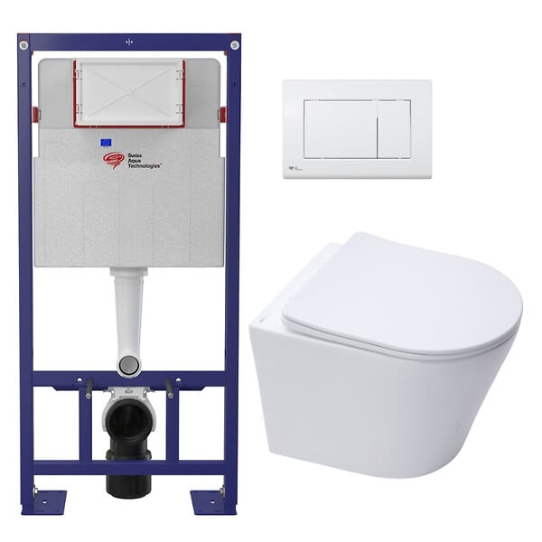 SWISS AQUA TECHNOLOGIES - Swiss Aqua Technologies Pack WC bâti-autoportant + WC SAT sans bride + Abattant SoftClose + Plaque blanche (SMART-Infinitio-M270) - large