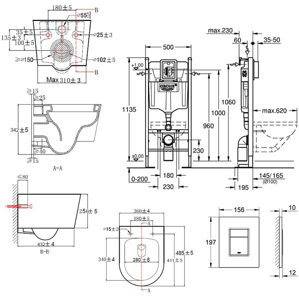 GROHE - Grohe Pack WC Bâti autoportant Rapid SL + WC SAT sans bride et fixations invisibles + Plaque Noir mat (ProjectSATrimless-KF0) - large