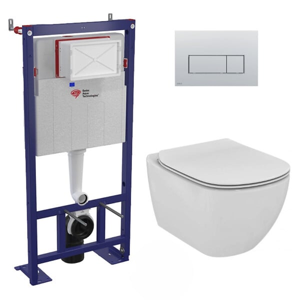 SWISS AQUA TECHNOLOGIES - Pack WC Bâti autoportant + WC Ideal Standard Tesi Aquablade sans bride + Plaque Chrome mat (SMART-Tesi-572) - large