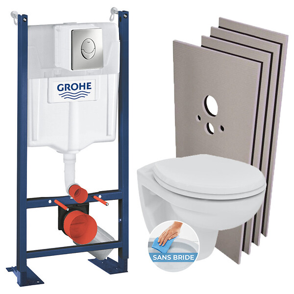 GROHE - Grohe Pack WC Bâti autoportant + Cuvette Porcher rimless + Abattant + Plaque chrome + Set Habillage (ProjectPorcher-2-sabo) - large