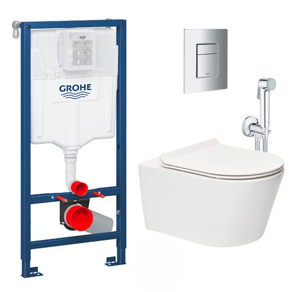GROHE - Pack WC Bâti-support Rapid SL + WC sans bride Brevis + Abattant softclose + Douchette bidet + Plaque chrome - large