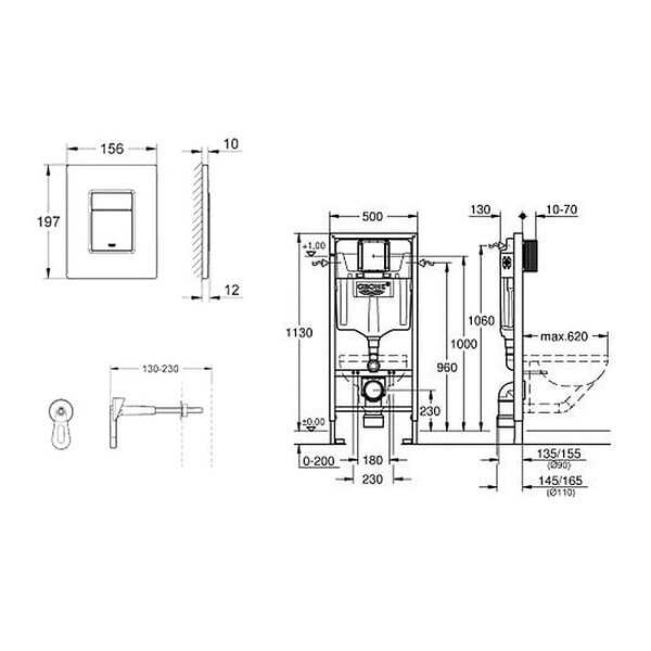 GROHE - Pack WC Bâti-support Rapid SL + WC sans bride Brevis + Abattant softclose + Douchette bidet + Plaque chrome - large
