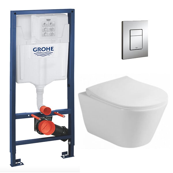 GROHE - Pack WC Bâti-support Rapid SL + WC sans bride Lucco Avva + Abattant softclose + Plaque chrome (RapidSL-Avva-1) - large