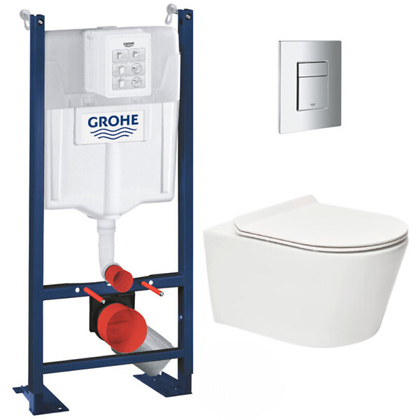 GROHE - Grohe Pack WC Bâti autoportant + WC sans bride SAT Brevis + Abattant ultra-fin softclose + Plaque chrome (ProjectBrevis-1-SP) - large