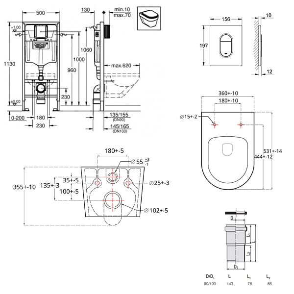 GROHE - Pack WC Bâti Rapid SL + WC sans bride SAT Brevis + Abattant SoftClose + Plaque chrome + Set d'habillage (ARENABREVISSB) - large