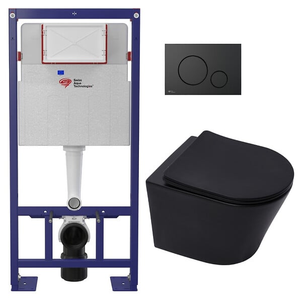 SWISS AQUA TECHNOLOGIES - Pack WC bâti-autoportant + WC sans bride SAT Infinitio + Abattant SoftClose + Plaque noir mat (SMART-BlackInfinitio-M678) - large