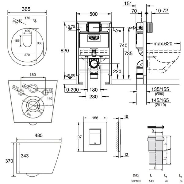 GROHE - Pack WC Bâti-support Rapid SL + WC Swiss Aqua Technologies Infinitio sans bride + Plaque Chrome (RapidSL082-Infinitio-1) - large