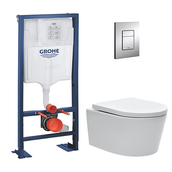 SWISS AQUA TECHNOLOGIES - Swiss Aqua Technologies Pack WC bâti-autoportant Rapid SL + WC SAT rimless fixations invisibles + Abattant softclose + Plaque chrome - large