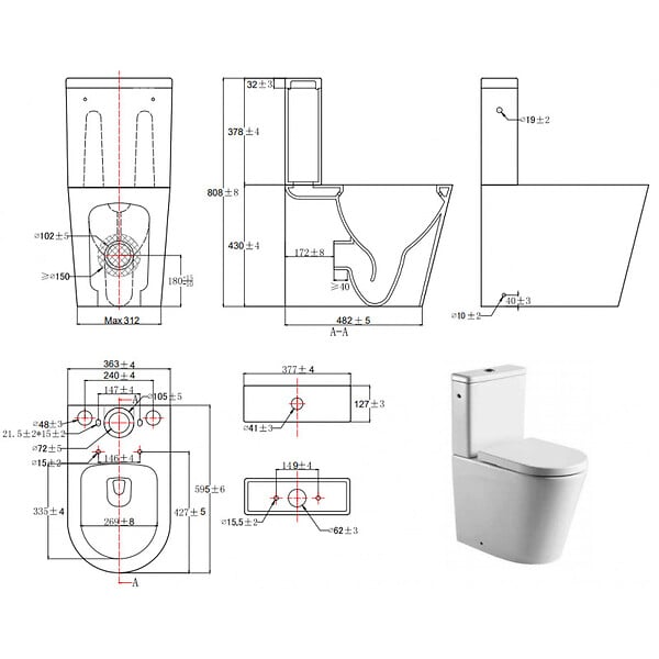 SWISS AQUA TECHNOLOGIES - Swiss Aqua Technologies lot de 6 Brevis WC à poser Haut de gamme, sans bride + abattant softclose, alimentation latérale éco, vidage universel - large