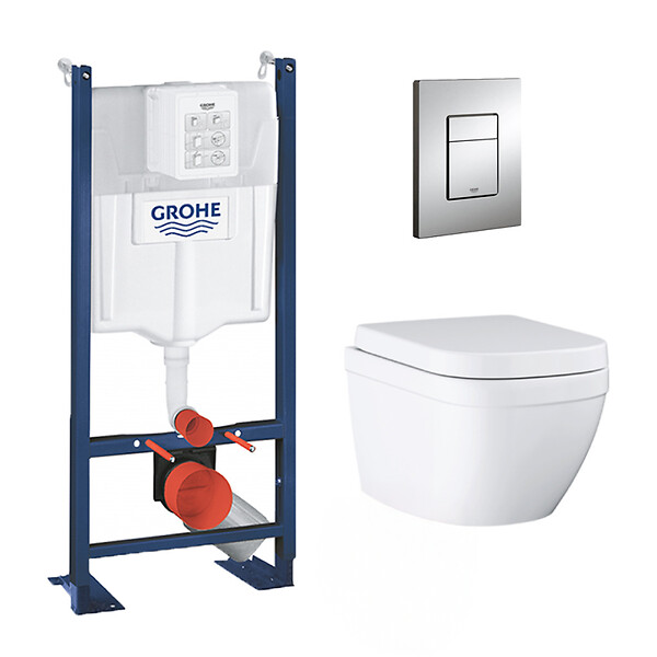 GROHE - Grohe Pack WC Euro Ceramic sans bride Triple Vortex blanc alpin + Rapid SL autoportant NF + plaque chrome (ProjectEuroCeramic-1) - large