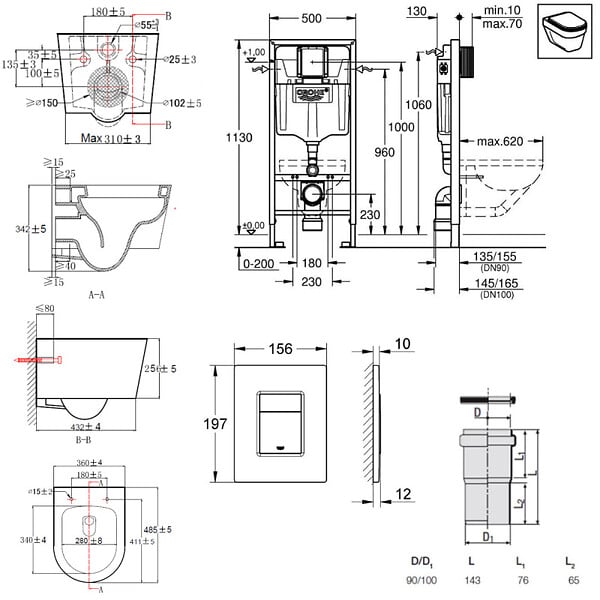 GROHE - Grohe Pack WC Rapid SL + Cuvette sans bride SAT, fixations invisibles + Plaque Noir mat + Set habillage (RapidSL-SATrimless-KF0-sabo) - large