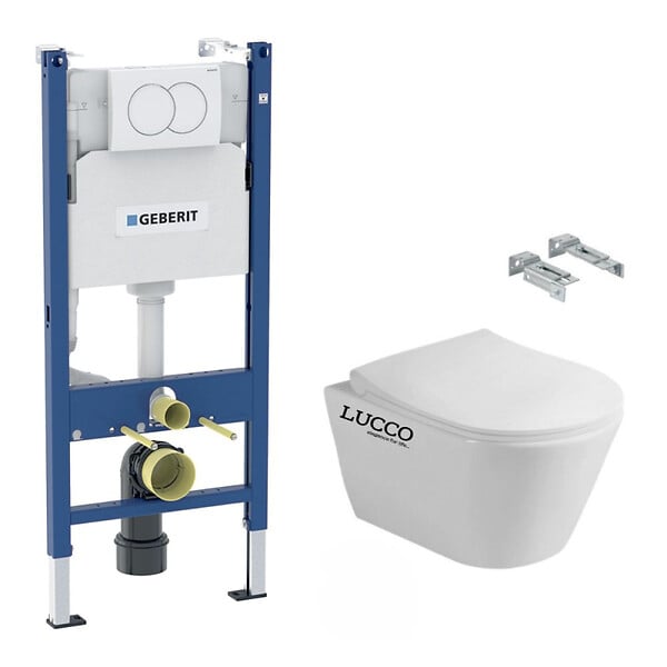 GEBERIT - Pack WC Bati-support Geberit + WC sans bride Avva + Abattant SoftClose + Plaque blanche + Set d'isolation phonique (AvvaGeb3SET) - large