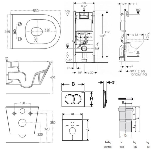GEBERIT - Pack WC Bati-support Geberit + WC sans bride Avva + Abattant SoftClose + Plaque blanche + Set d'isolation phonique (AvvaGeb3SET) - large